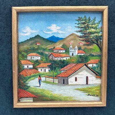 Pair of Framed Honduran Village Scene Oil Paintings on Board
