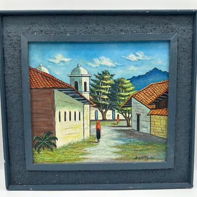 Pair of Framed Honduran Village Scene Oil Paintings on Board