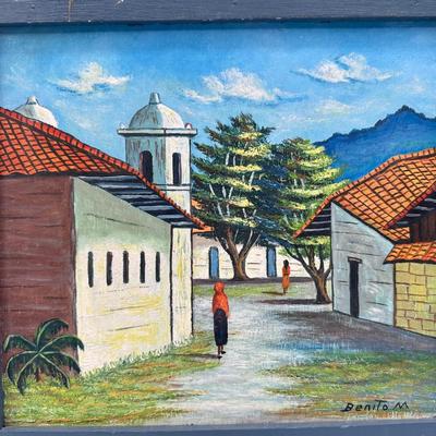 Pair of Framed Honduran Village Scene Oil Paintings on Board