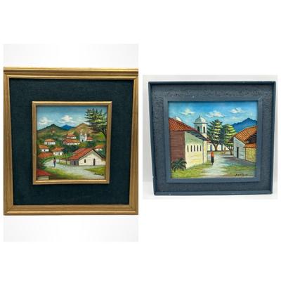 Pair of Framed Honduran Village Scene Oil Paintings on Board