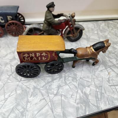 5 Cast Metal Toys Motorcycles Horse and Wagon