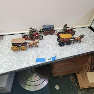 5 Cast Metal Toys Motorcycles Horse and Wagon