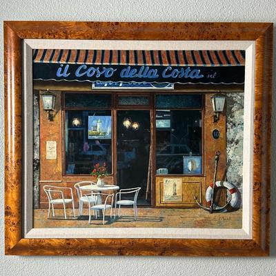 Original Framed Coastal Café Scene Painting “Il Covo della Costa” by Guido Borelli