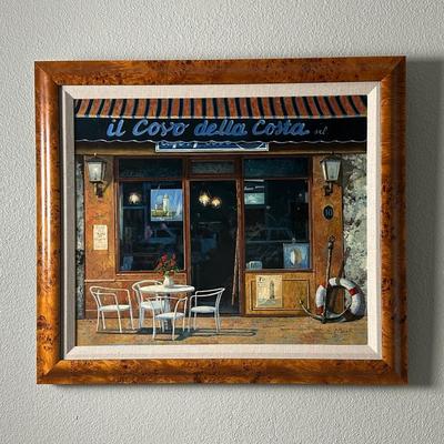 Original Framed Coastal Café Scene Painting “Il Covo della Costa” by Guido Borelli