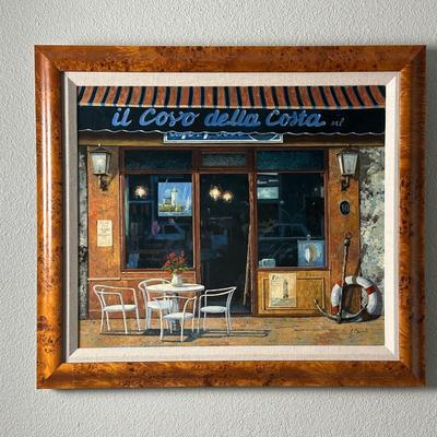 Original Framed Coastal Café Scene Painting “Il Covo della Costa” by Guido Borelli