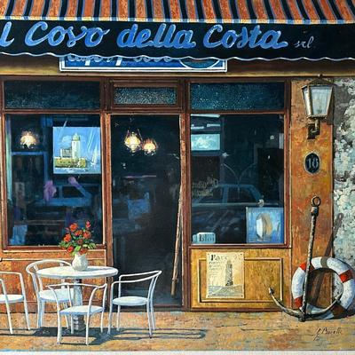 Original Framed Coastal Café Scene Painting “Il Covo della Costa” by Guido Borelli