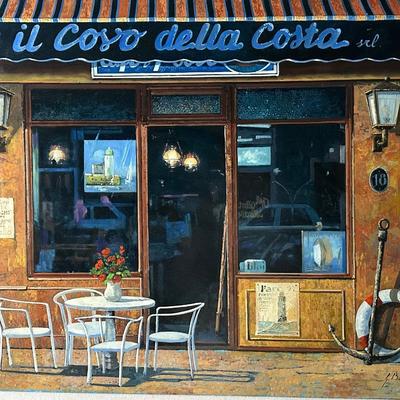 Original Framed Coastal Café Scene Painting “Il Covo della Costa” by Guido Borelli