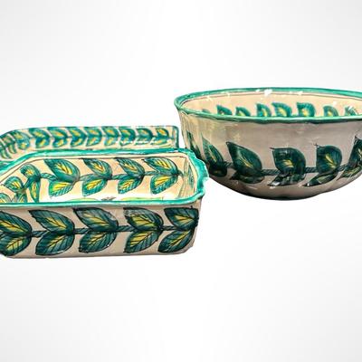 Set of 3 Hand-Painted Mexican Pottery Serving Dishes with Blue Grape and Leaf Design