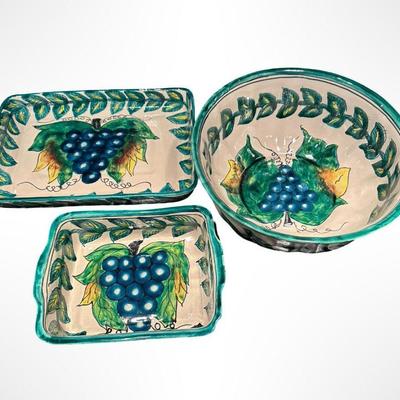 Set of 3 Hand-Painted Mexican Pottery Serving Dishes with Blue Grape and Leaf Design
