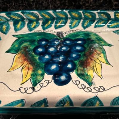 Set of 3 Hand-Painted Mexican Pottery Serving Dishes with Blue Grape and Leaf Design