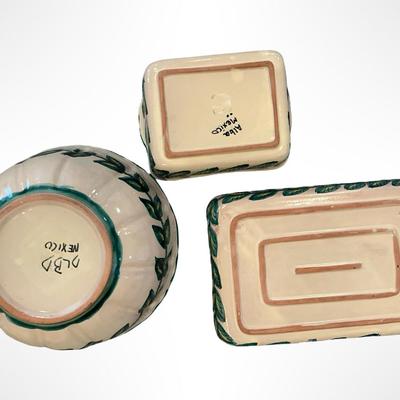 Set of 3 Hand-Painted Mexican Pottery Serving Dishes with Blue Grape and Leaf Design