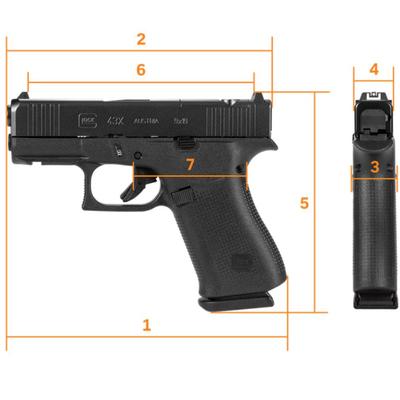 Sale Photo Thumbnail #262: MANUFACTURER: GLOCK
FAMILY: G43 Series
MODEL: G43X MOS
TYPE: Semi-Auto Pistol
ITEM GROUP: Centerfire Polymer Pistols
ACTION: Safe Action
CALIBER/GAUGE: 9mm
FINISH: Gas Nitride
FINISH TYPE: Black
FRAME: Polymer Frame
BARREL: 3.39"
OVERALL LENGTH: 6.5"
CAPA