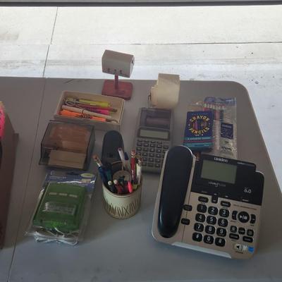 Sale Photo Thumbnail #99: Office supply lot.
You will receive everything pictured as is. 
Items included - Printing calculator,  office telephone,  vintage caller-id and premium pens plus much more.