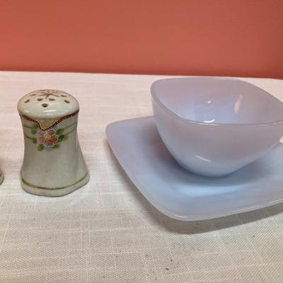 Sale Photo Thumbnail #216: Set of 2 Fire King azurite blue charm cups and saucers with a vintage ceramic salt and pepper set