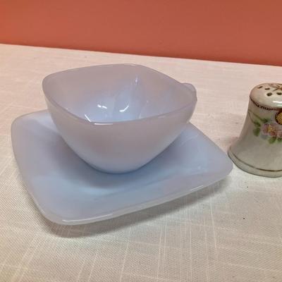 Sale Photo Thumbnail #215: Set of 2 Fire King azurite blue charm cups and saucers with a vintage ceramic salt and pepper set