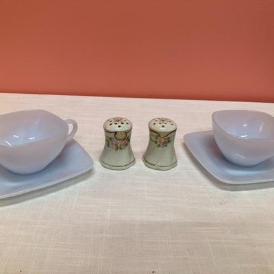 Sale Photo Thumbnail #214: Set of 2 Fire King azurite blue charm cups and saucers with a vintage ceramic salt and pepper set