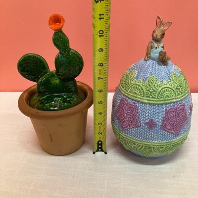 Sale Photo Thumbnail #220: 2 cute cookie jars: 1 in a potted cactus design and 1 in an Easter egg design