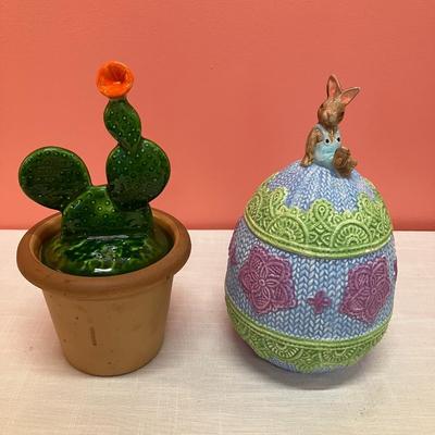 Sale Photo Thumbnail #219: 2 cute cookie jars: 1 in a potted cactus design and 1 in an Easter egg design