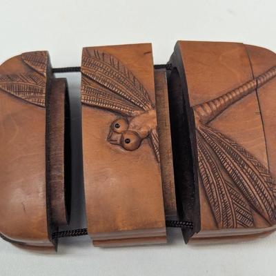 Japanese Inro Wood Box Hand Carved Tombo Dragonfly Signed 4 Piece Medicine Box