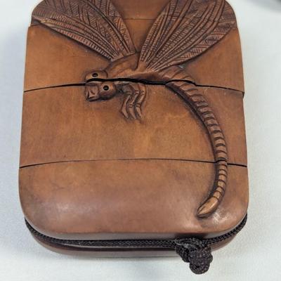 Japanese Inro Wood Box Hand Carved Tombo Dragonfly Signed 4 Piece Medicine Box