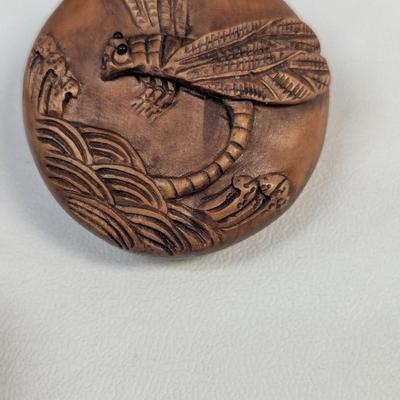 Japanese Inro Wood Box Hand Carved Tombo Dragonfly Signed 4 Piece Medicine Box