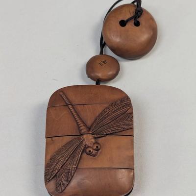 Japanese Inro Wood Box Hand Carved Tombo Dragonfly Signed 4 Piece Medicine Box