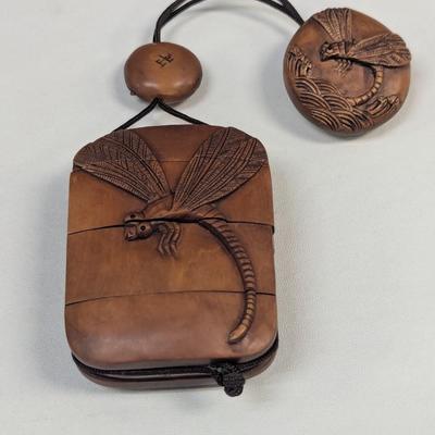 Japanese Inro Wood Box Hand Carved Tombo Dragonfly Signed 4 Piece Medicine Box