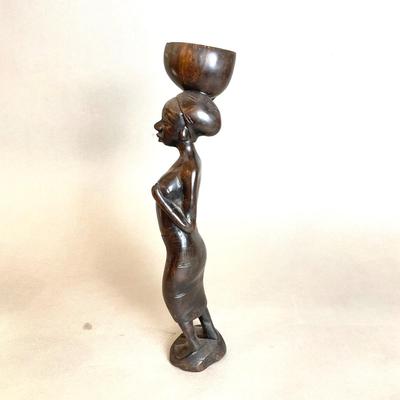 L816 Vintage Ebony Carved African Woman Holding Bowl