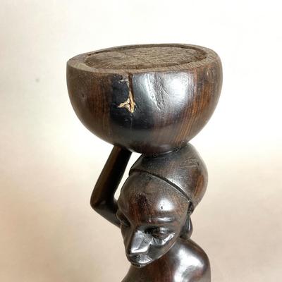L816 Vintage Ebony Carved African Woman Holding Bowl