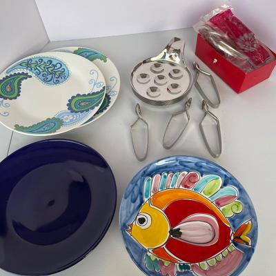 Ceramic Plates, Escargot tongs and Stainless Serving Plates