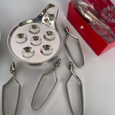 Ceramic Plates, Escargot tongs and Stainless Serving Plates