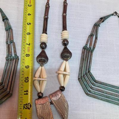 Sale Photo Thumbnail #280: 3 necklaces: 2 copper with natural patina and 1 silver plate with authentic bone (bovine or deer) beads
