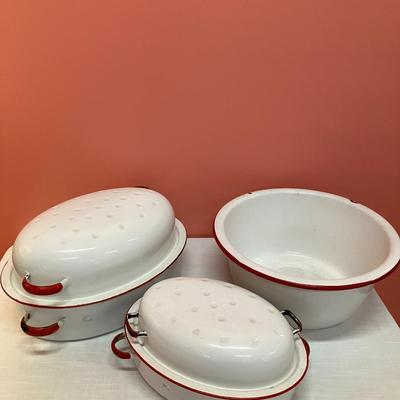 Sale Photo Thumbnail #301: Set of 2 lidded roasting pans and large basin, red/white enamel dishes