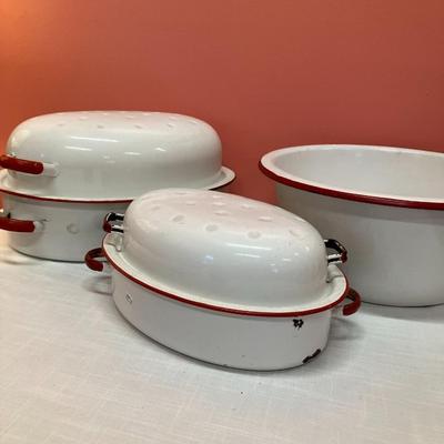 Sale Photo Thumbnail #302: Set of 2 lidded roasting pans and large basin, red/white enamel dishes