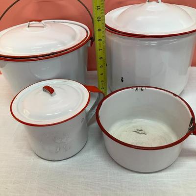 Sale Photo Thumbnail #306: Set of 4 pots (3 with lids) red/white enamel dishes