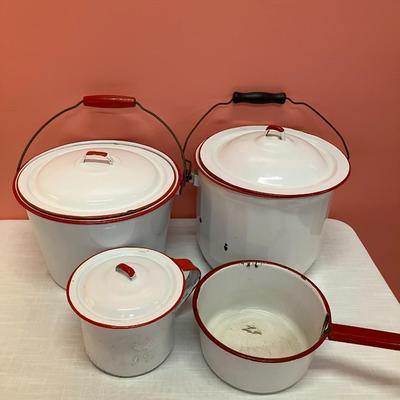 Sale Photo Thumbnail #305: Set of 4 pots (3 with lids) red/white enamel dishes