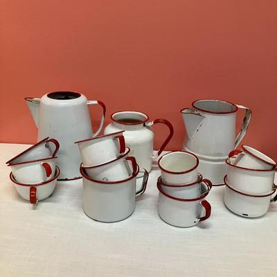 Sale Photo Thumbnail #307: Set of 15 pieces of red/white enamel dishes including 12 cups of various sizes and 3 pots/pitcher