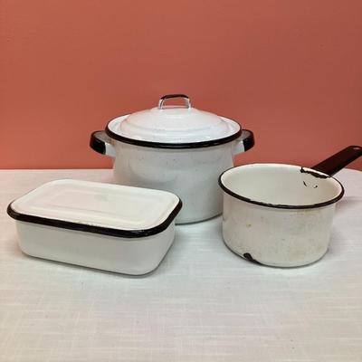 Sale Photo Thumbnail #314: Set of 3 pieces (1 with lid) of black/white enamel cookware