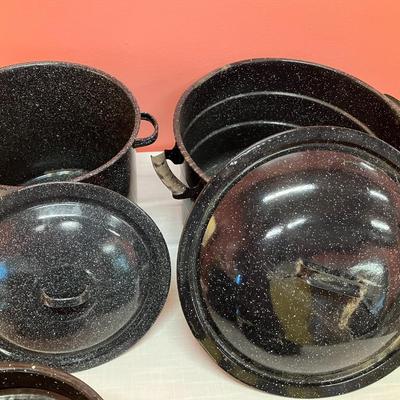 Sale Photo Thumbnail #323: Set of 6 pieces (including lids): 2 stock pots, one boiling insert, 1 steamer/strainer. Black enamel with white polka-dots