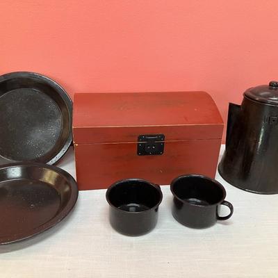 Sale Photo Thumbnail #324: Camping set of black enamel percolator pot, 2 plates, 2 cups. Vintage set. Includes small red wooden trunk/box.