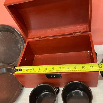 Sale Photo Thumbnail #325: Camping set of black enamel percolator pot, 2 plates, 2 cups. Vintage set. Includes small red wooden trunk/box.