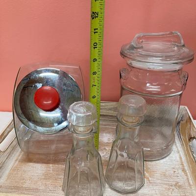 Sale Photo Thumbnail #332: Set includes: wooden tray, vintage candy/flour container, peanut jar, 2 oil/dressing bottles. All in excellent condition.