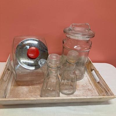 Sale Photo Thumbnail #330: Set includes: wooden tray, vintage candy/flour container, peanut jar, 2 oil/dressing bottles. All in excellent condition.