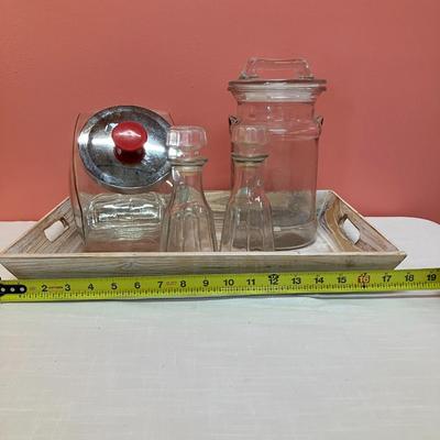 Sale Photo Thumbnail #331: Set includes: wooden tray, vintage candy/flour container, peanut jar, 2 oil/dressing bottles. All in excellent condition.