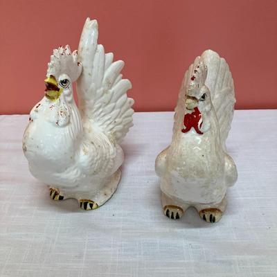Sale Photo Thumbnail #333: Vintage ceramic hen/rooster set. Good condition, natural wear paint fading.