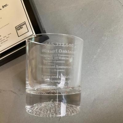 K865 Goldman, Sachs & Co. Commemorative Plaques With Glasses, Decanter & Coffee Mug