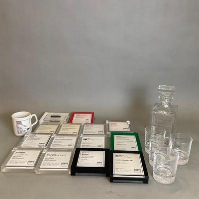 K865 Goldman, Sachs & Co. Commemorative Plaques With Glasses, Decanter & Coffee Mug
