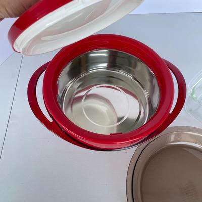 Red Insulated Bowl and Pyrex