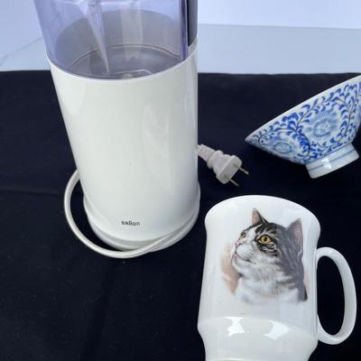 Braun Coffee Grinder, cups and Dansk Cheese Server
