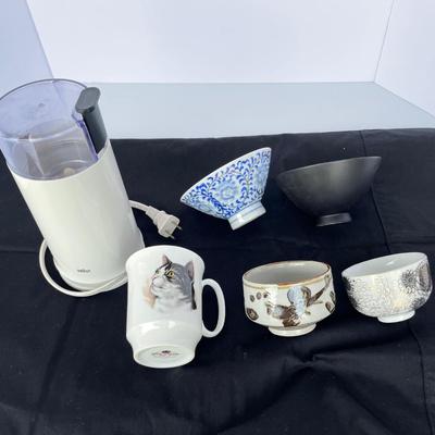 Braun Coffee Grinder, cups and Dansk Cheese Server